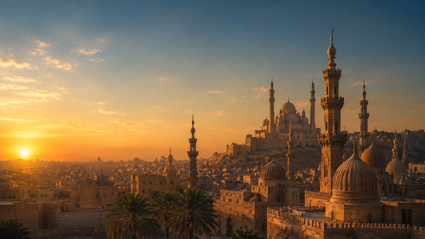 Golden-hour skyline of Islamic Cairo with minarets and domes