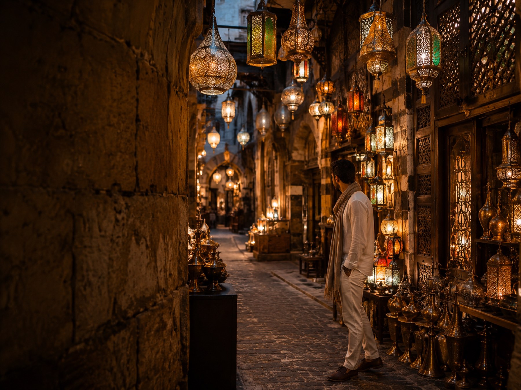 Elegant lantern-lit alley of the Khan el-Khalili bazaar