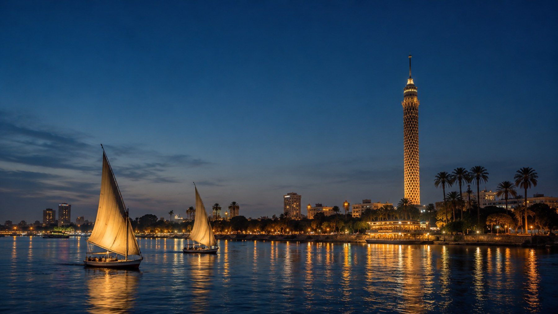 Feluccas sailing the Nile with Cairo Tower at blue hour