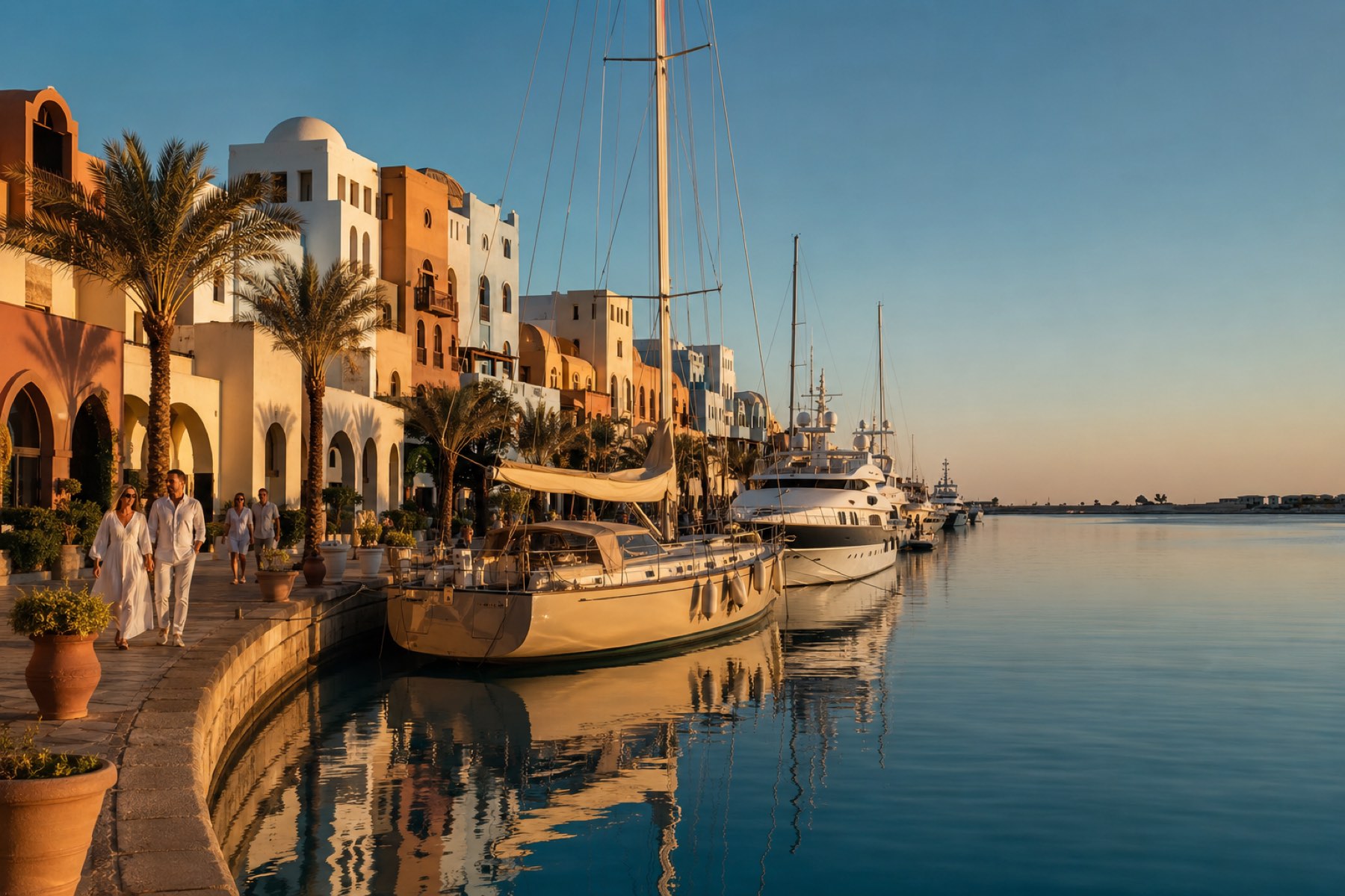 Yachts at the chic Abu Tig Marina in El Gouna at golden hour