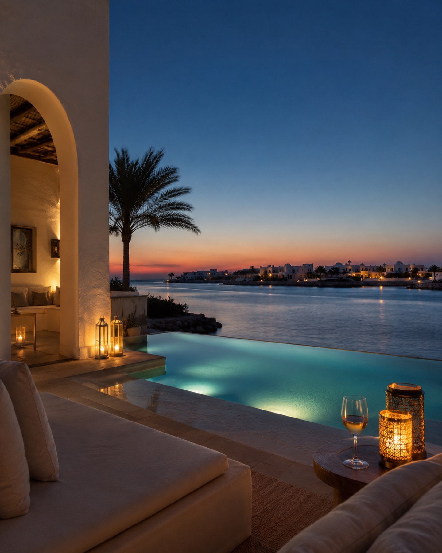 Serene private lagoon villa terrace in El Gouna at blue hour
