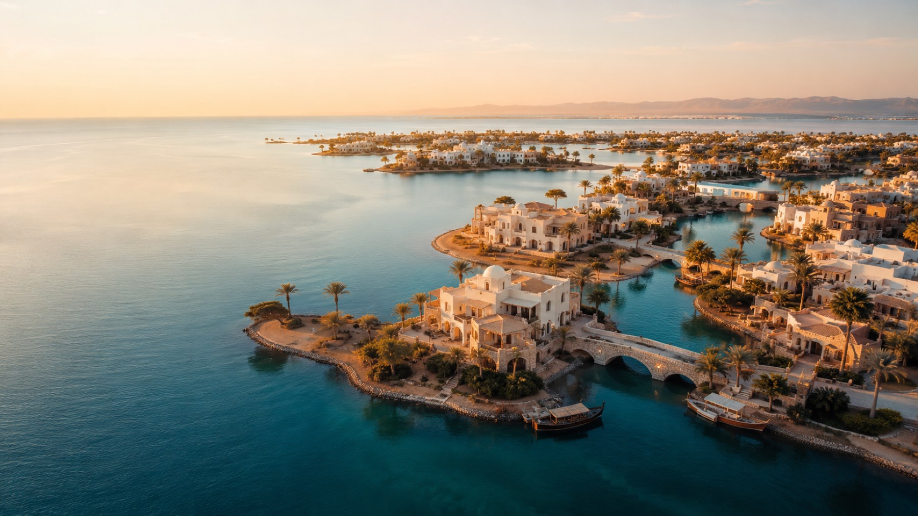 Aerial view of El Gouna's turquoise lagoons and island villas