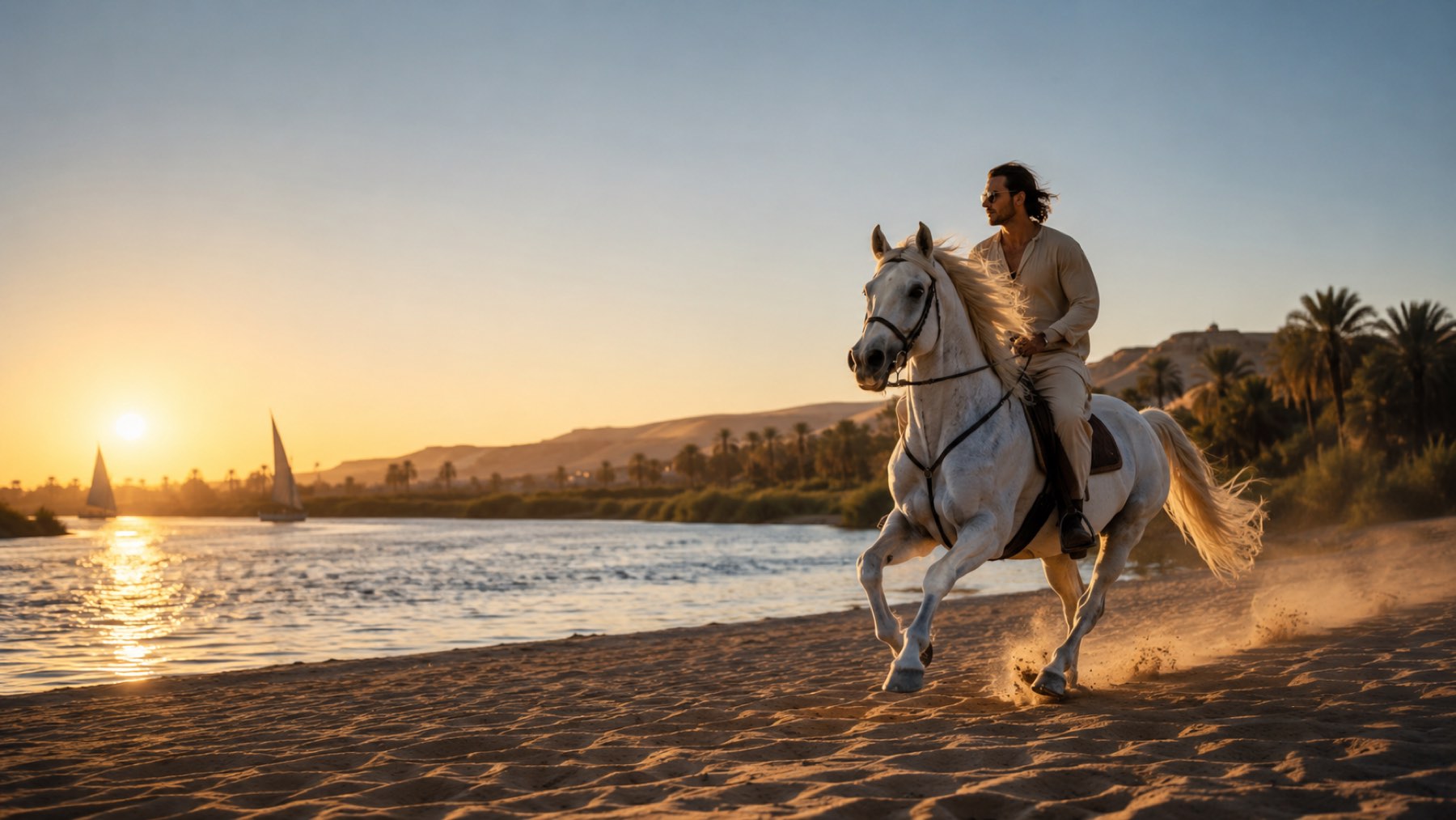 Rider on a white Arabian horse galloping along the Nile at golden hour