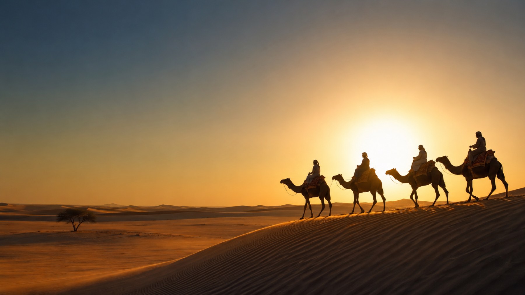 Camel caravan crossing golden dunes at sunset