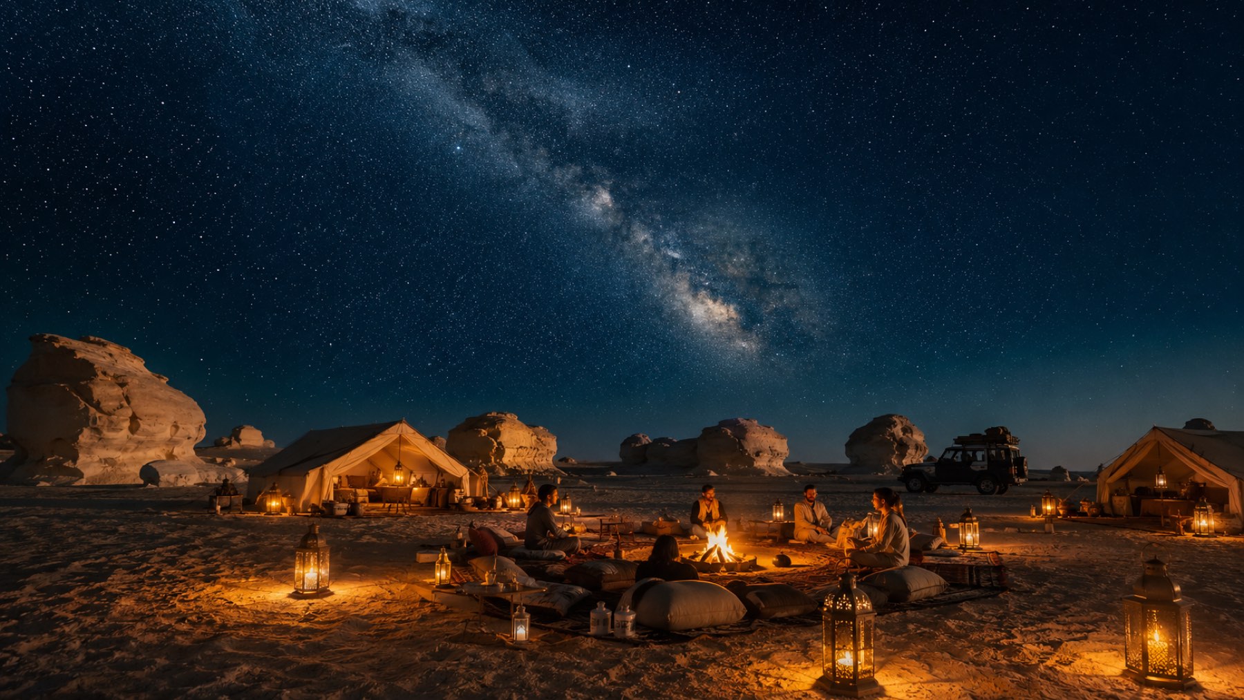 Luxury desert safari camp under a starry sky in the White Desert