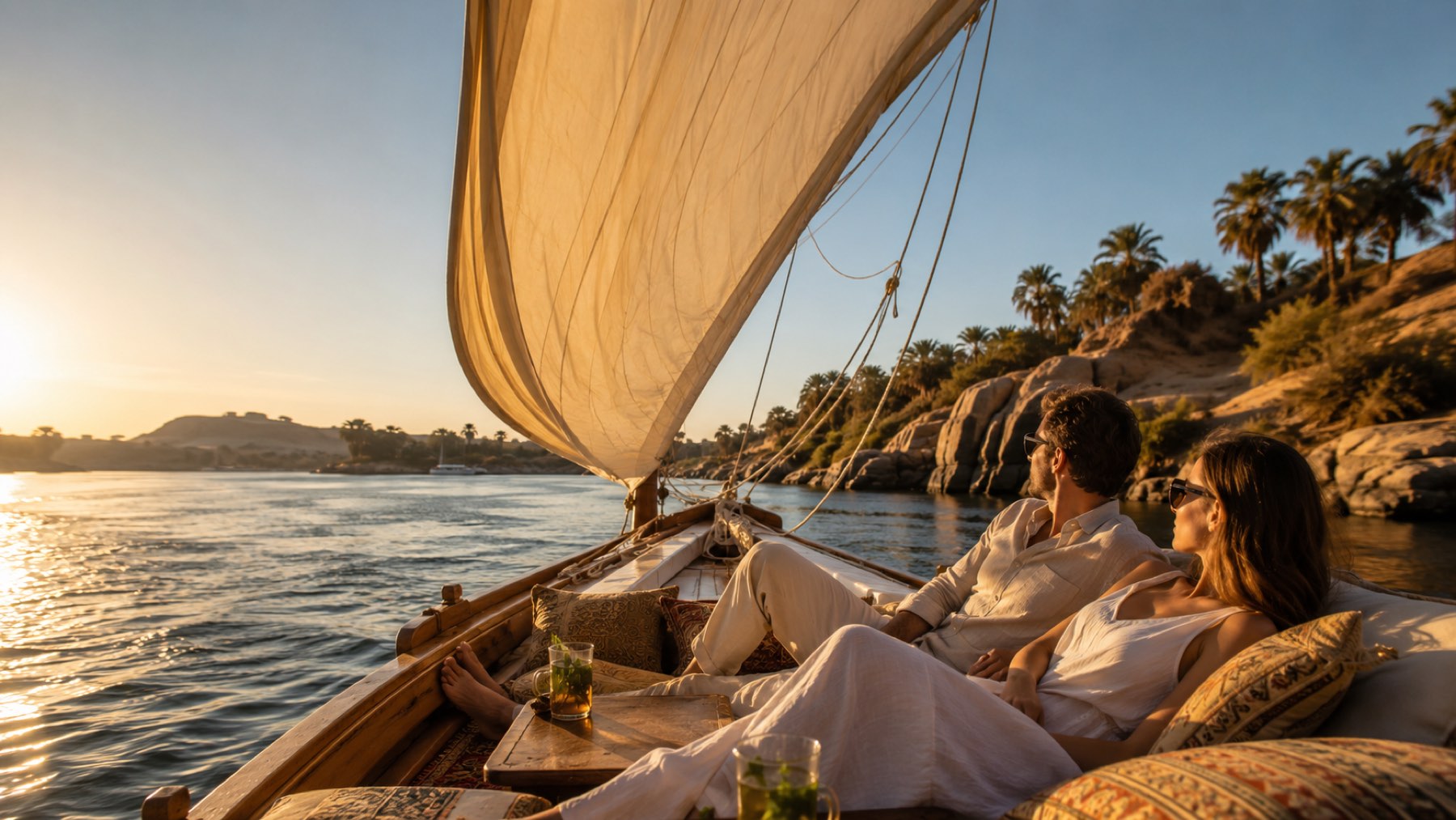 Travelers relaxing on a felucca at sunset on the Nile