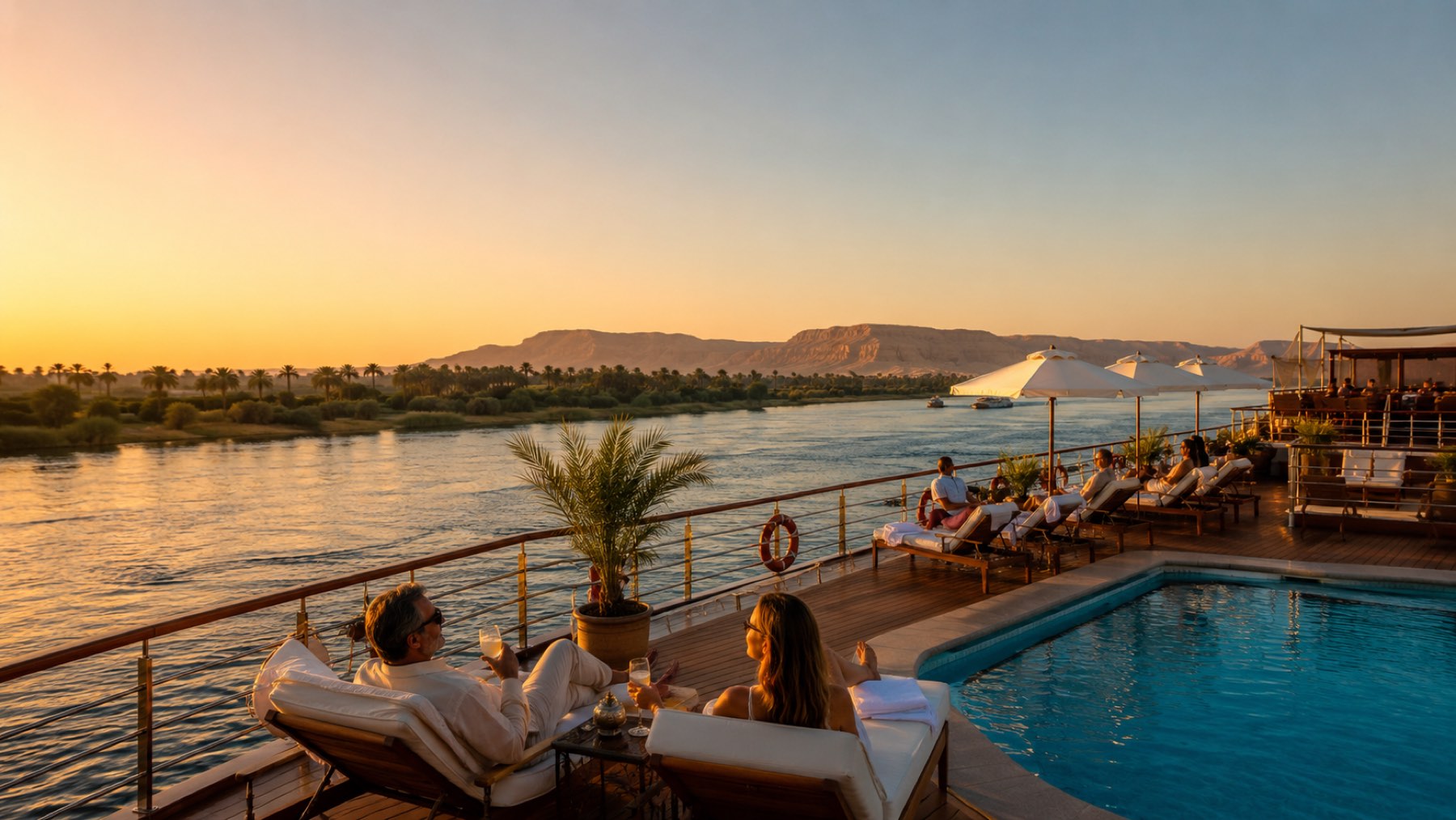 Sun deck of a luxury Nile cruise ship at golden hour