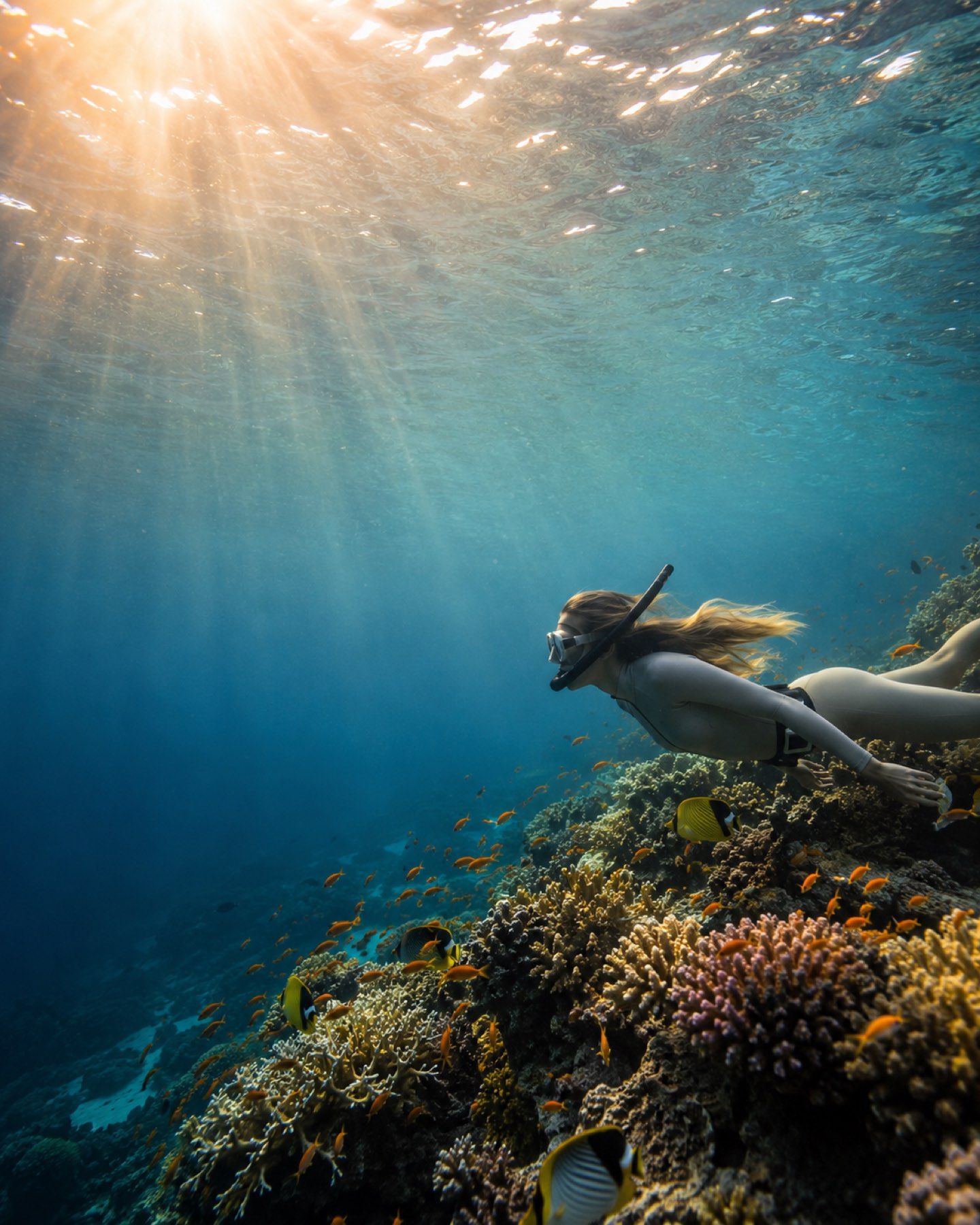 Snorkeler exploring a vibrant Red Sea coral reef