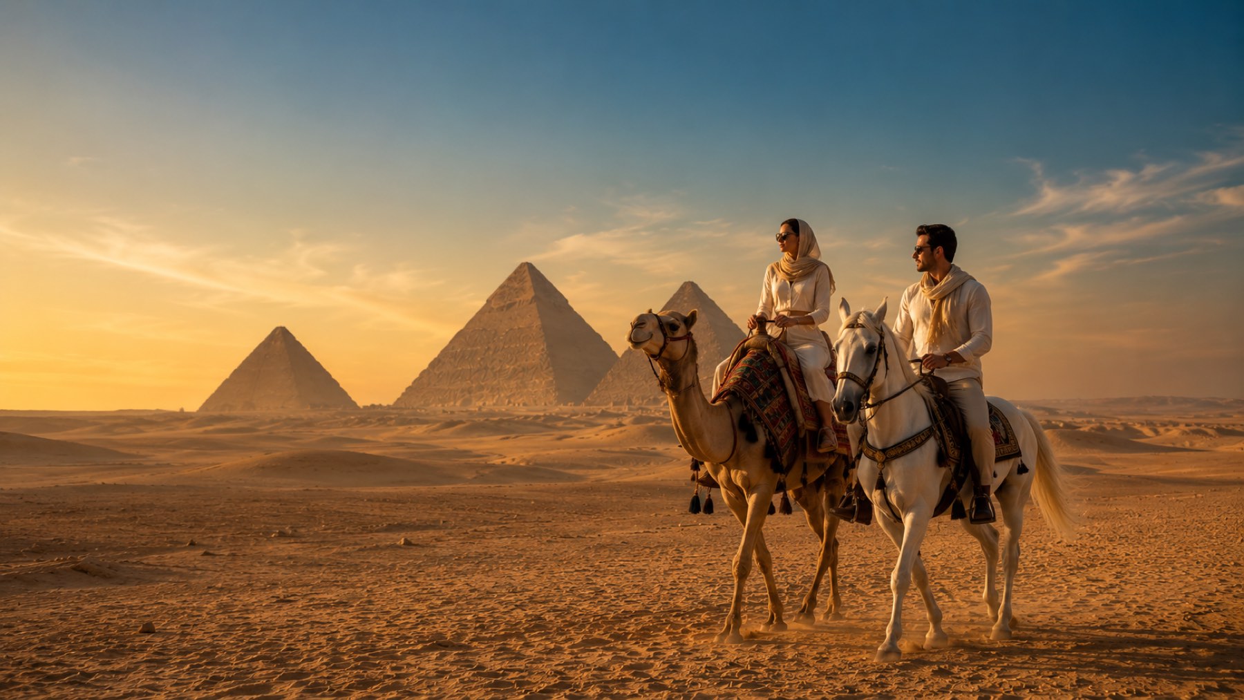 Travelers on a camel and white Arabian horse before the pyramids