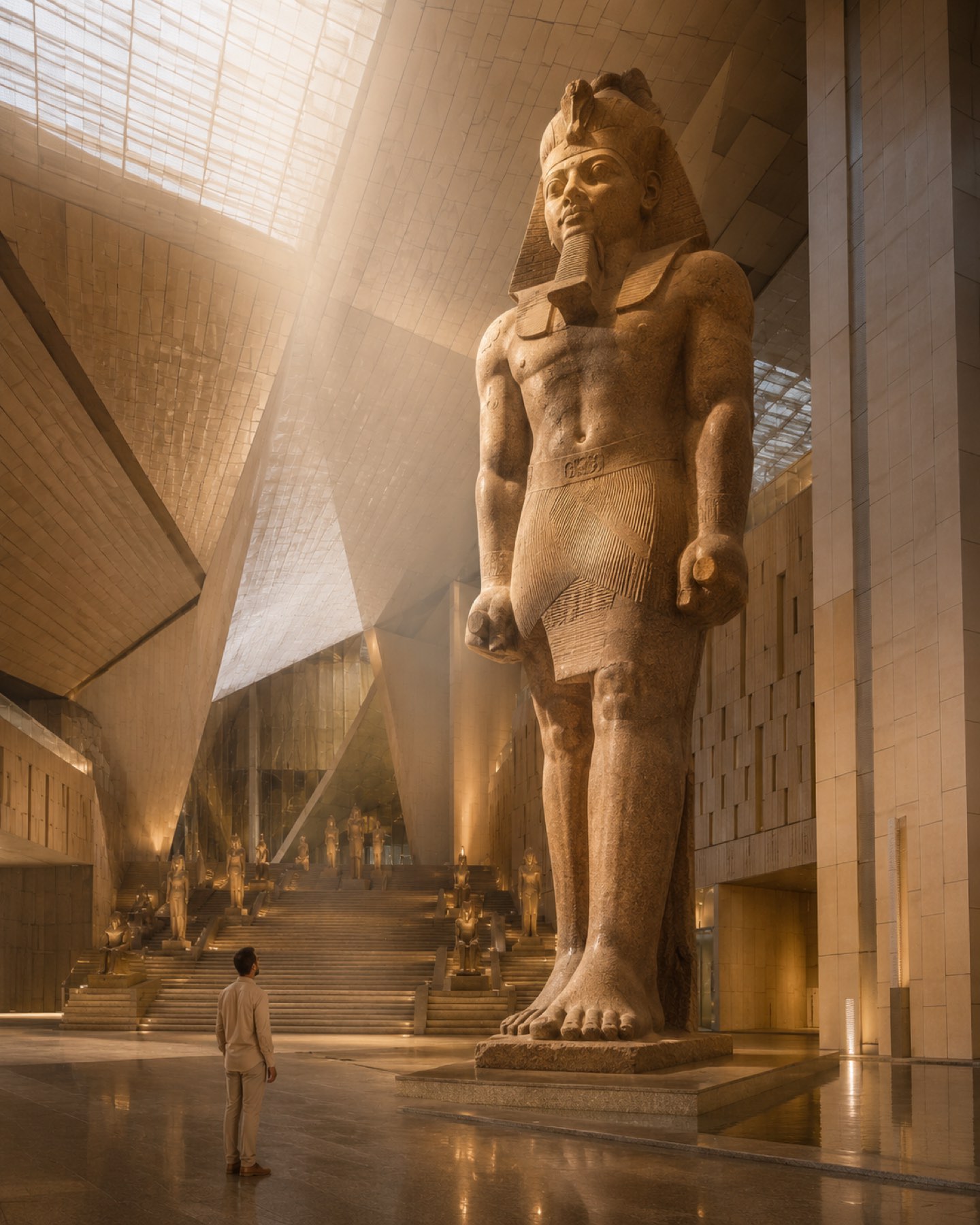 The Grand Egyptian Museum atrium with the colossal Ramses II statue