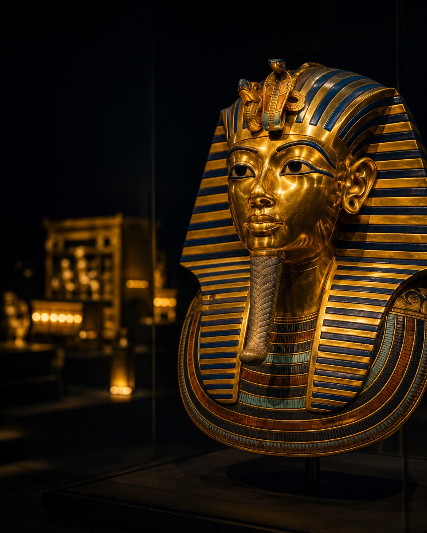 The golden funerary mask of Tutankhamun at the Grand Egyptian Museum