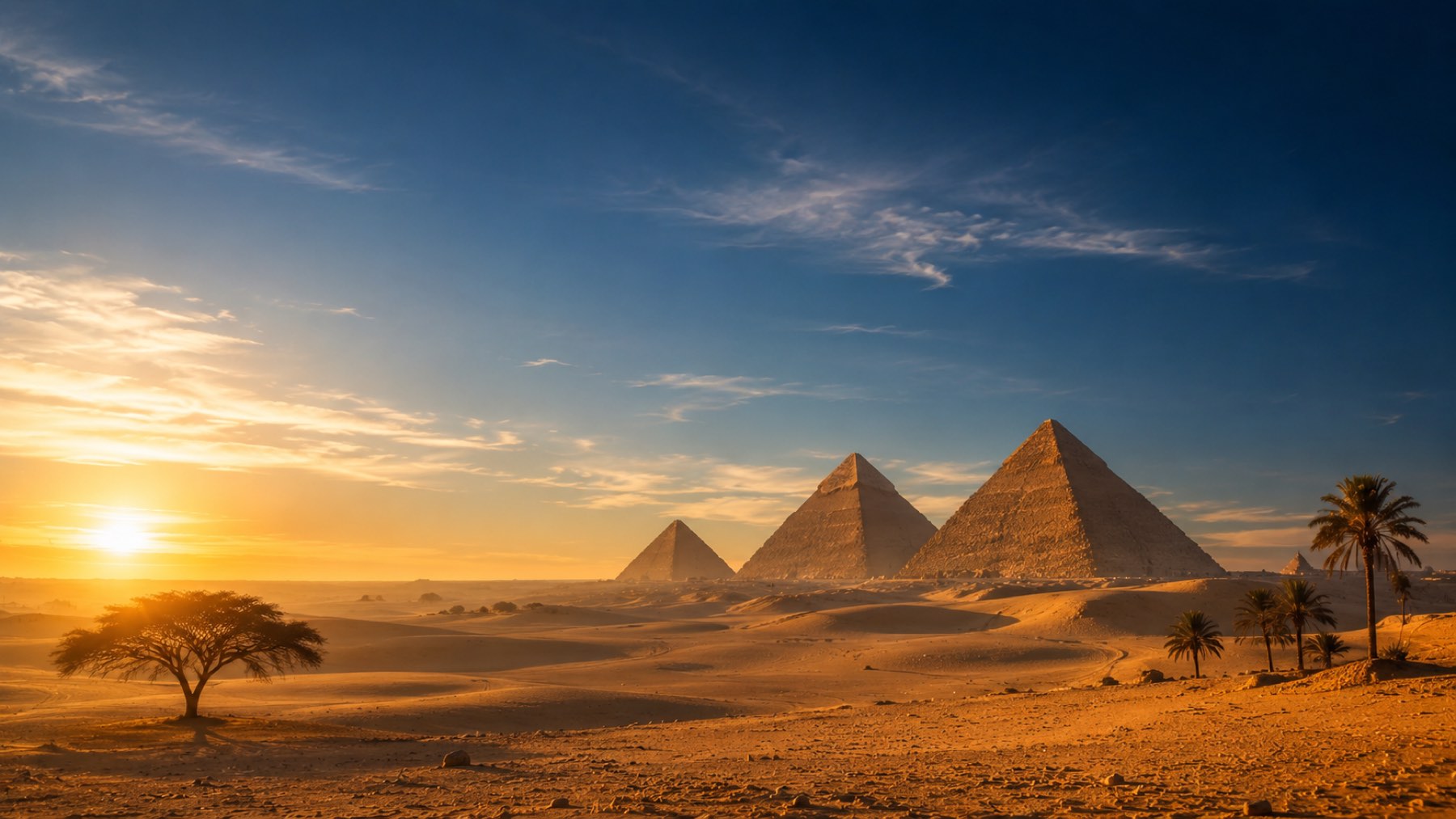 The three Great Pyramids of Giza at golden sunrise