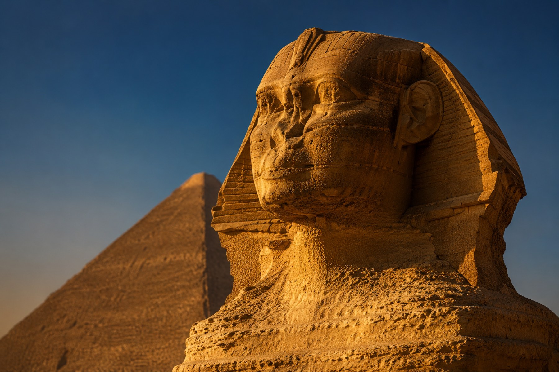 Close-up of the Great Sphinx with the Great Pyramid behind