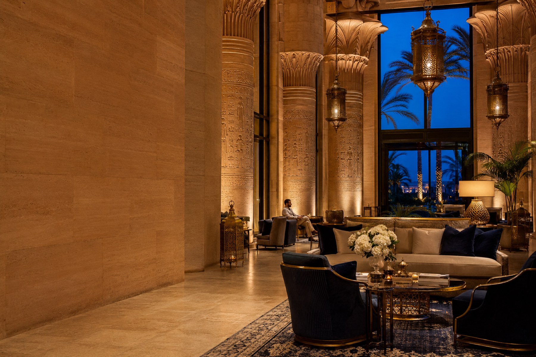 Elegant hotel lobby lounge with Egyptian-inspired luxury decor