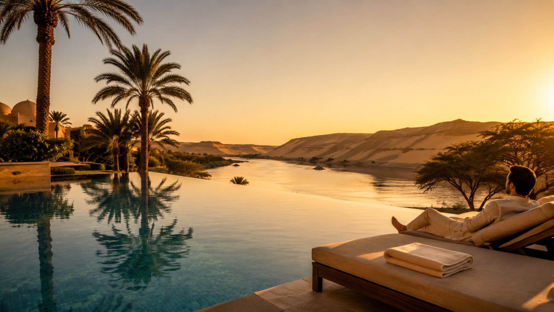 Resort infinity pool overlooking the Nile at golden hour
