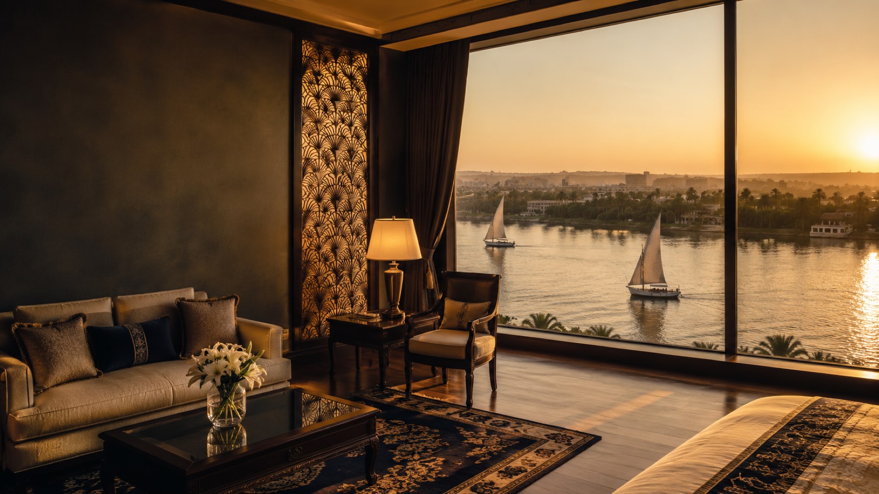 Opulent 5-star suite with a golden-hour Nile view
