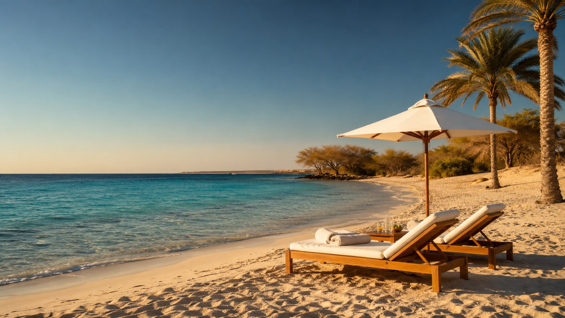 Luxury loungers on a white-sand beach by the turquoise Red Sea