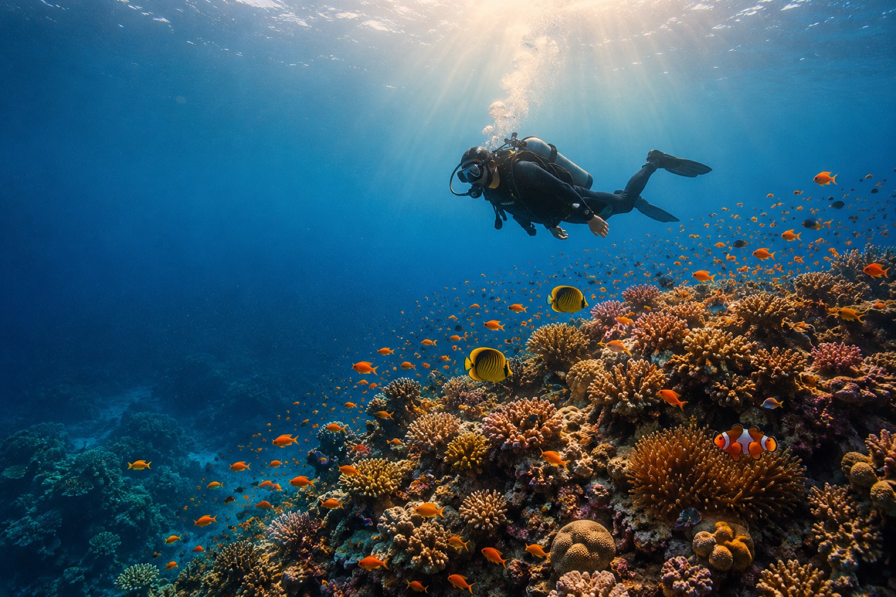 Scuba diver over a vibrant Red Sea coral reef