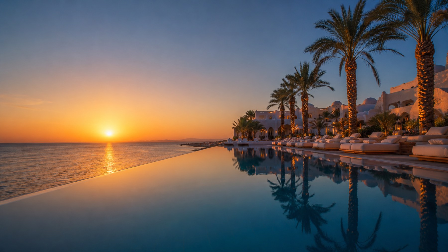 Beachfront infinity pool merging into the Red Sea at sunset