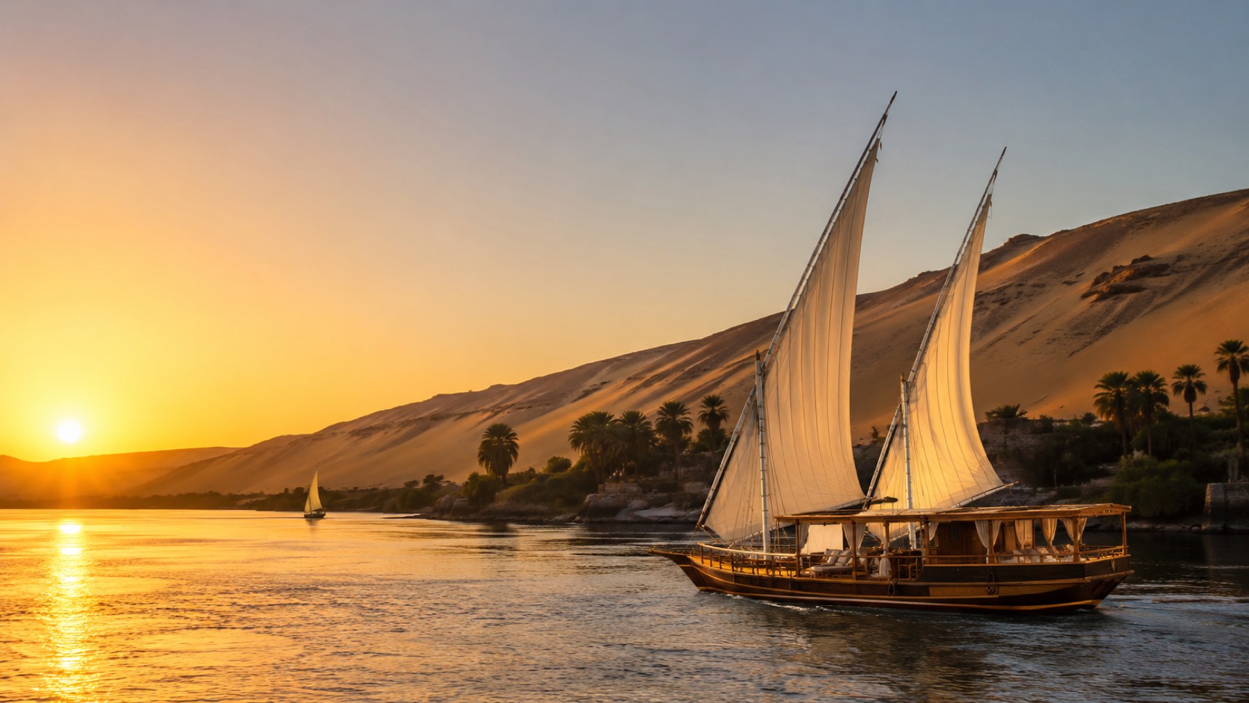 Luxury dahabiya sailing past Nubian dunes near Aswan at sunset