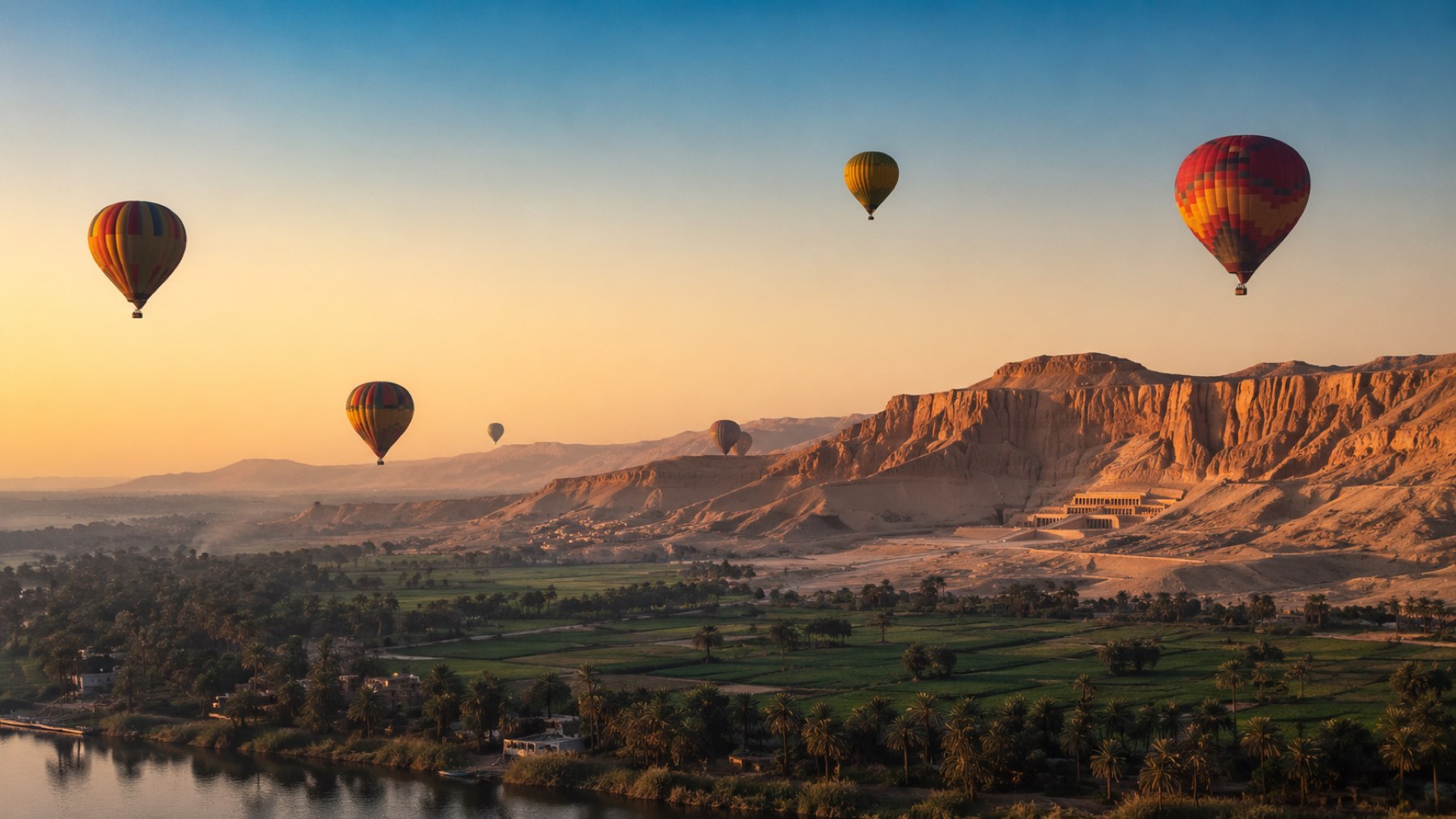 Hot-air balloons over the Luxor west bank at sunrise