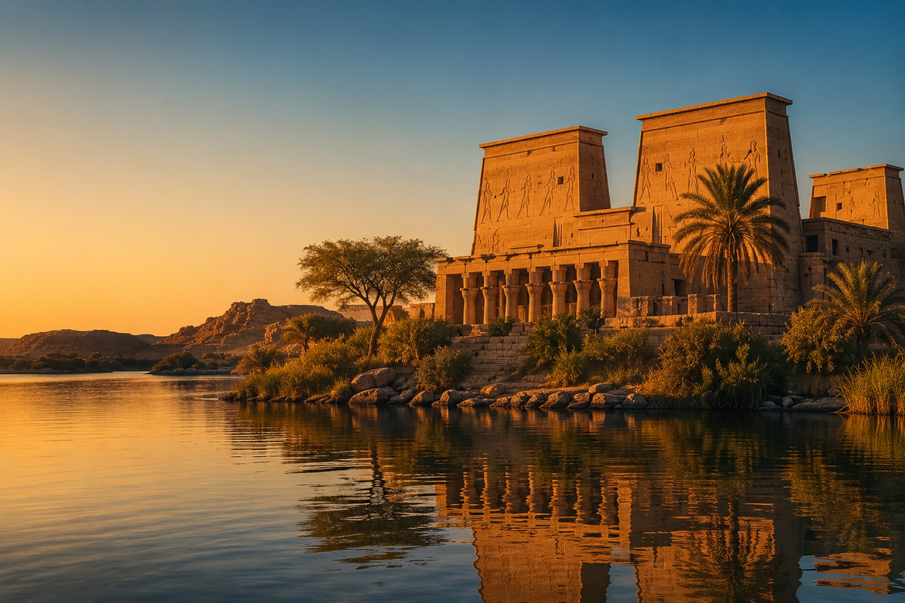 Philae Temple on its Nile island near Aswan at golden hour
