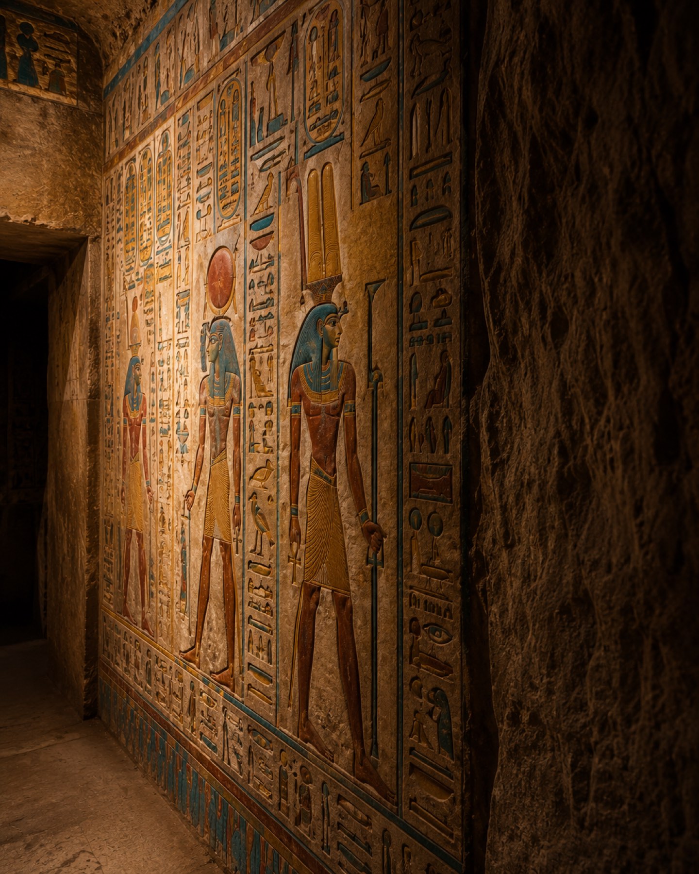 Brightly painted hieroglyph wall inside a Valley of the Kings tomb