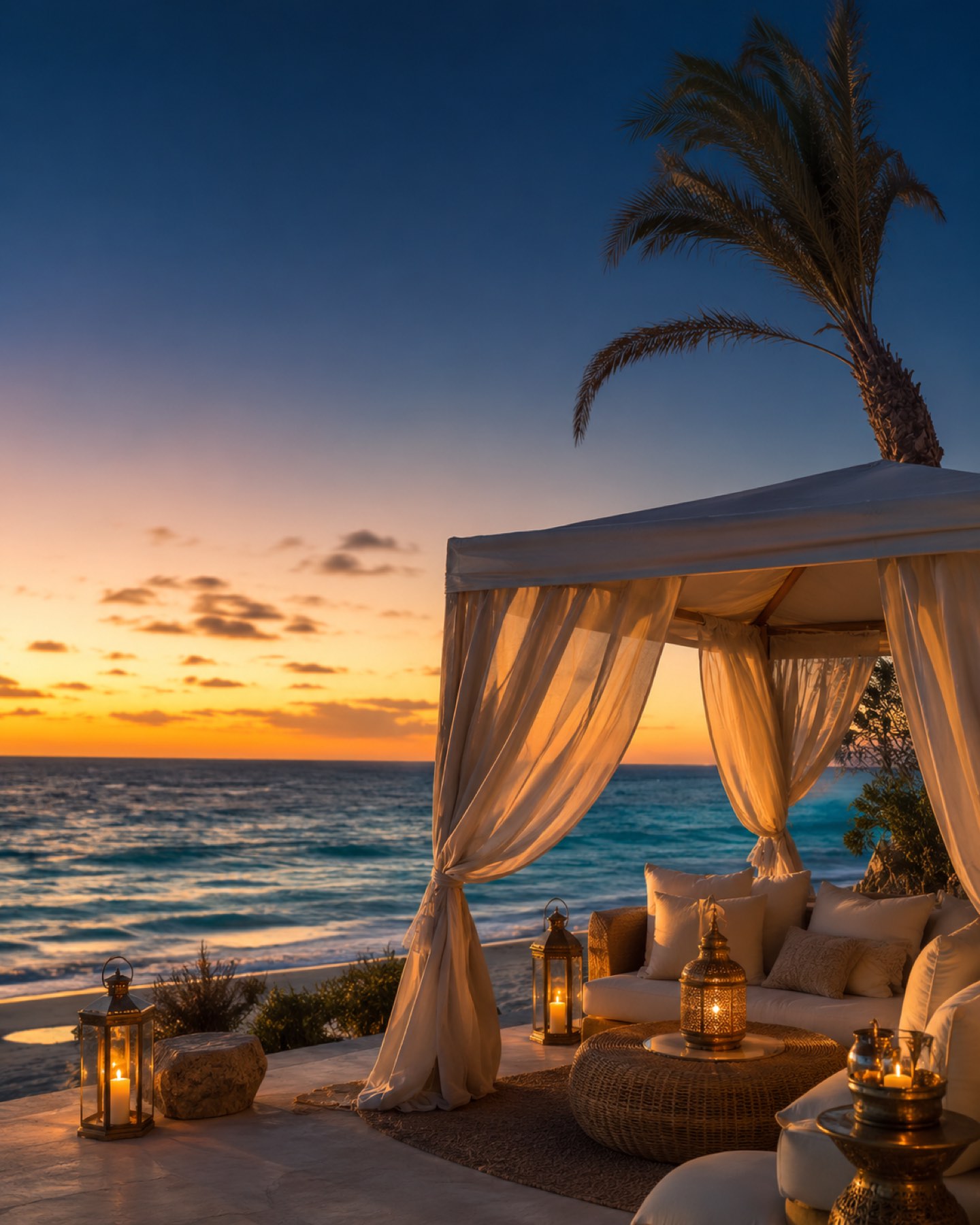 Stylish white seaside cabana at sunset on the North Coast